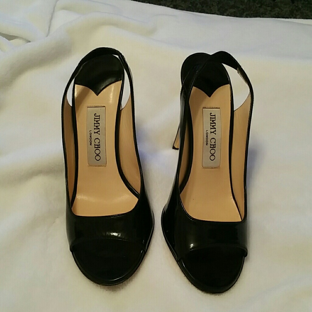 Jimmy Choo Black Patent Slingback Peep Toe Heels